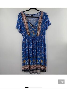 SHEIN Blue Floral V-Neck Blue Dress size: 1X/14